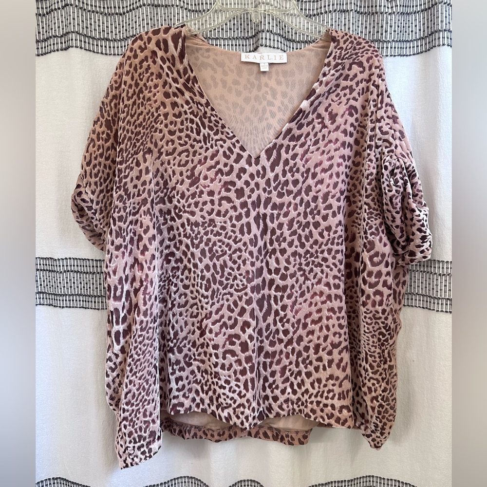 Karlie Animal Print V-Neck Blouse - Pink and Brown